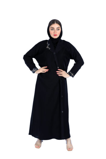 عبايه لف بياقة محدده بشريط كاروهات بيج و اسود