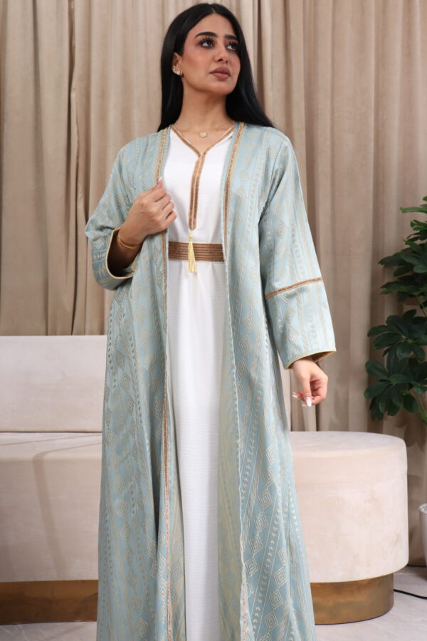 ⁦جلابية جاكار مشجره تيفاني بطبقة داخلية و شريط فصوص⁩ - الصورة ⁦2⁩