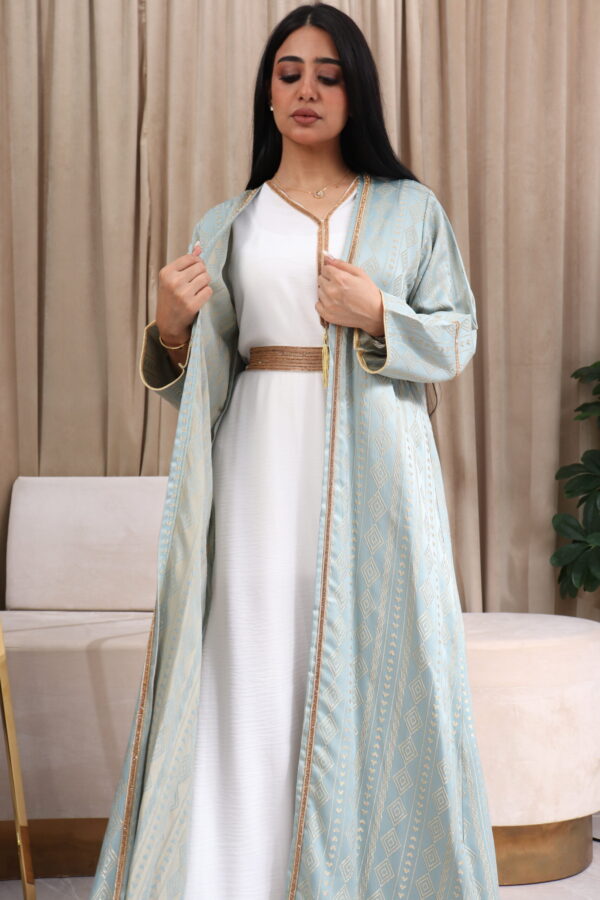 ⁦جلابية جاكار مشجره تيفاني بطبقة داخلية و شريط فصوص⁩ - الصورة ⁦3⁩