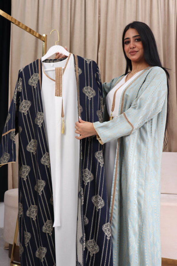 ⁦جلابية جاكار مشجره تيفاني بطبقة داخلية و شريط فصوص⁩ - الصورة ⁦5⁩