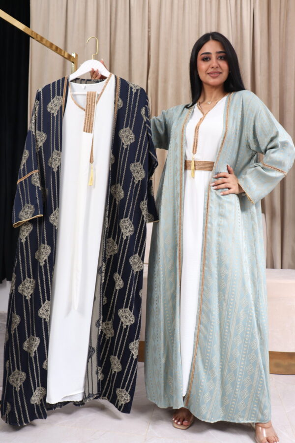 ⁦جلابية جاكار مشجره تيفاني بطبقة داخلية و شريط فصوص⁩ - الصورة ⁦7⁩