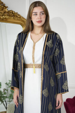 جلابية جاكار مشجره كحلي بطبقة داخلية و شريط فصوص