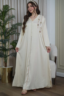 جلابية مغربي بيج بتطريز خرز لامع