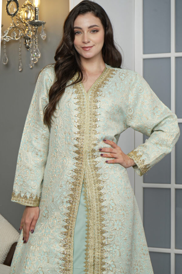 ⁦جلابيه تيفاني مفتوح بطبقه داخليه مع شريط ذهبي⁩ - الصورة ⁦5⁩