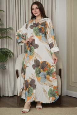 جلابيه بيج قطن بلياقه مرسوم على شكل ورق شجر (3)