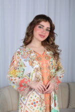⁦جلابية خربزي حرير بالوان مشجره و فصوص⁩ - الصورة ⁦2⁩